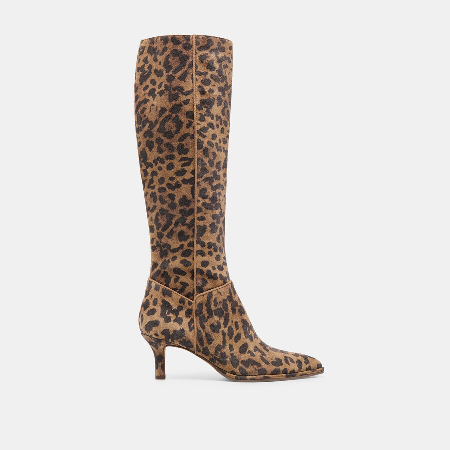 aldy stiefel mit weiter kalbsweite braunes wildleder mit leopardenmuster