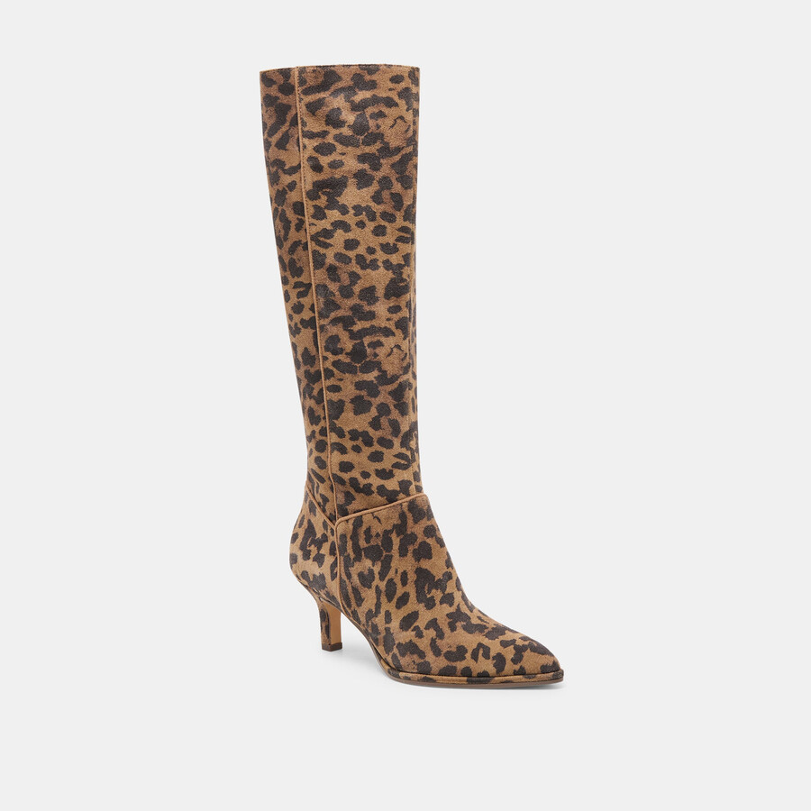 aldy stiefel mit weiter kalbsweite braunes wildleder mit leopardenmuster