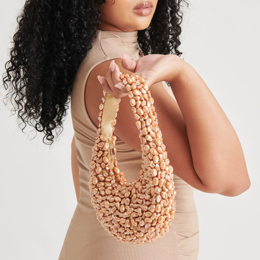 pearla schultertasche goldfarbene kunstperlen