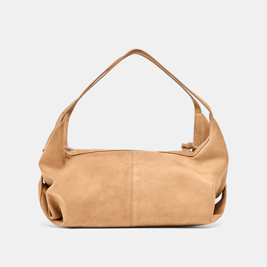 billy schultertasche aus kamelfarbenem wildleder