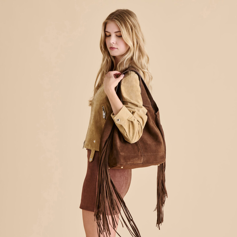 nakoma schultertasche schokoladenbraunes wildleder