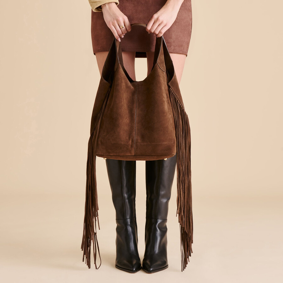 nakoma schultertasche schokoladenbraunes wildleder