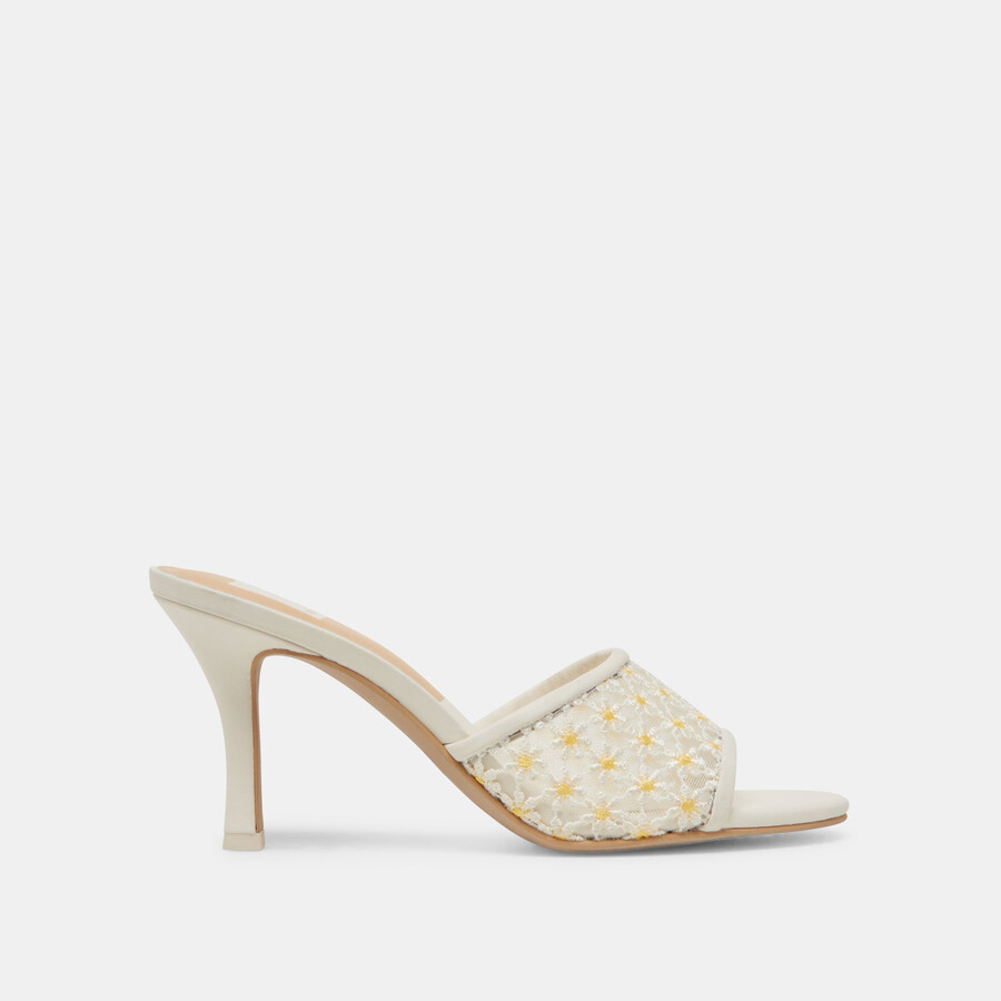 lavendel-pumps mit blumenmuster weiß-gelb mit floralem mesh-einsatz