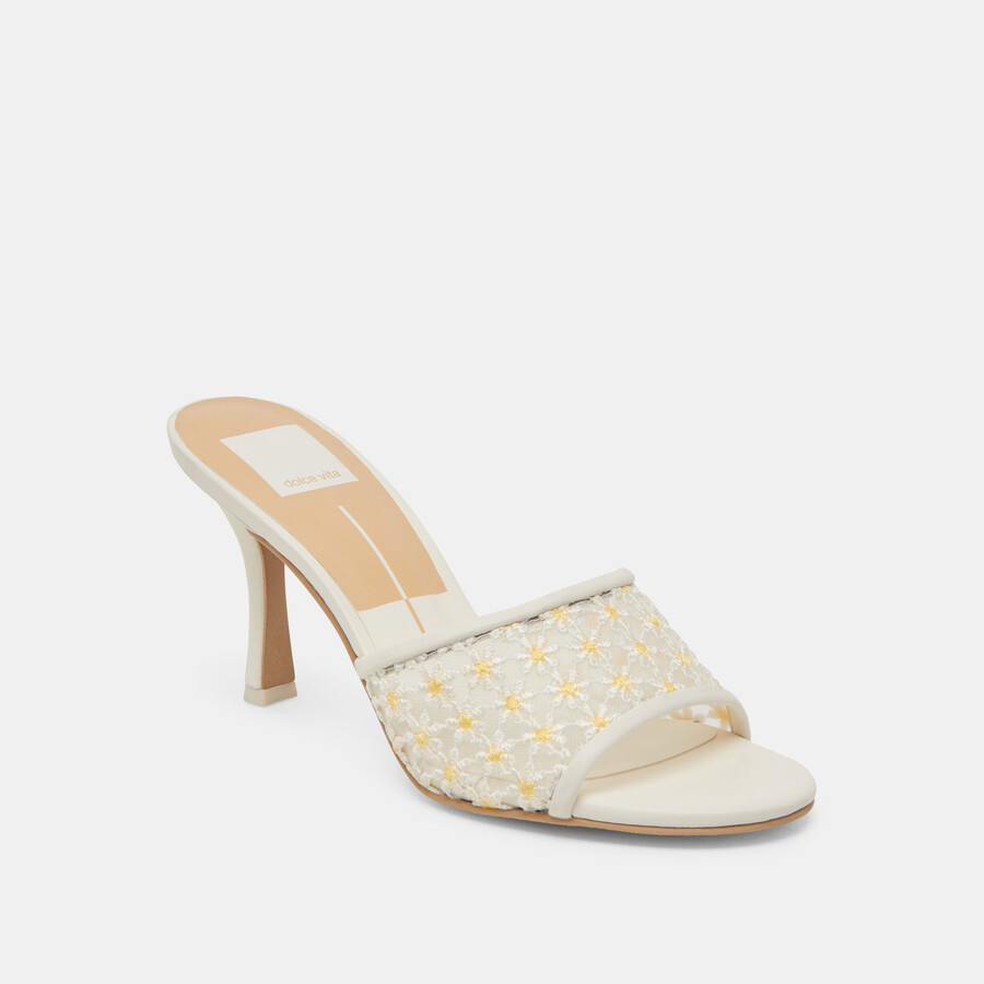lavendel-pumps mit blumenmuster weiß-gelb mit floralem mesh-einsatz