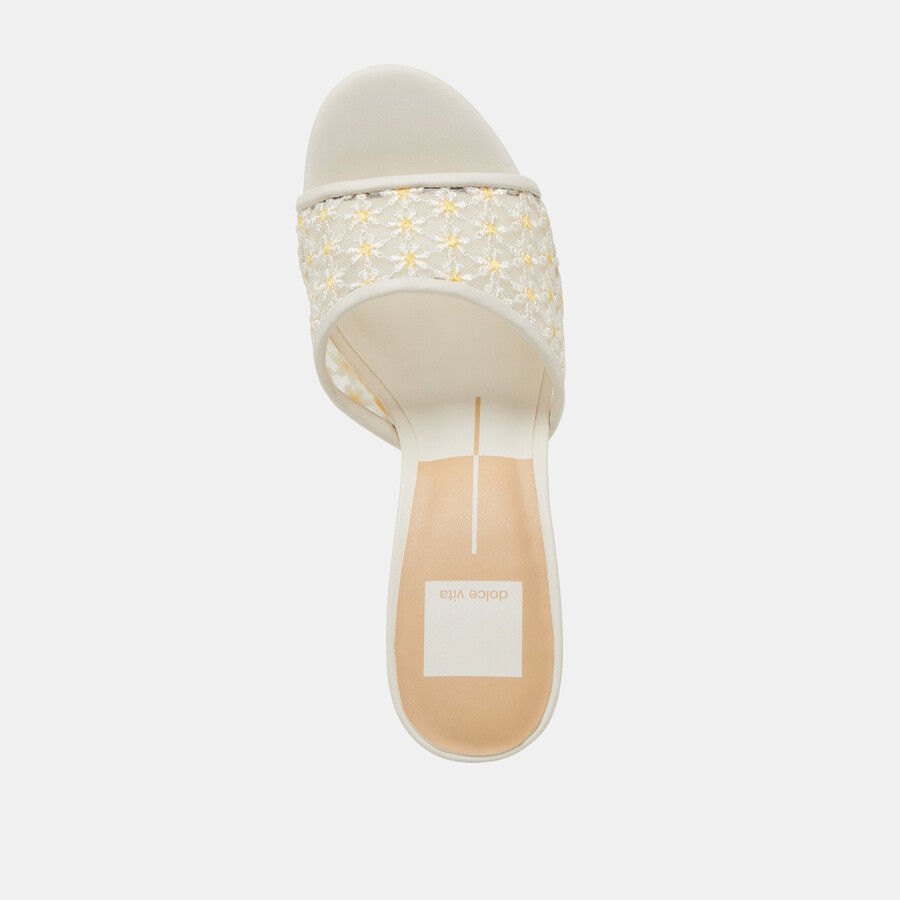 lavendel-pumps mit blumenmuster weiß-gelb mit floralem mesh-einsatz