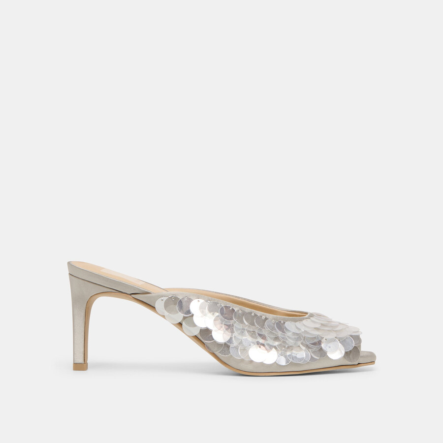 samary confetti heels silberner satin