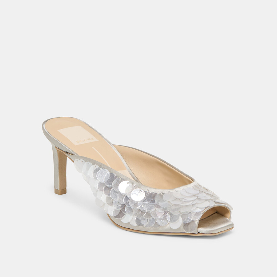 samary confetti heels silberner satin