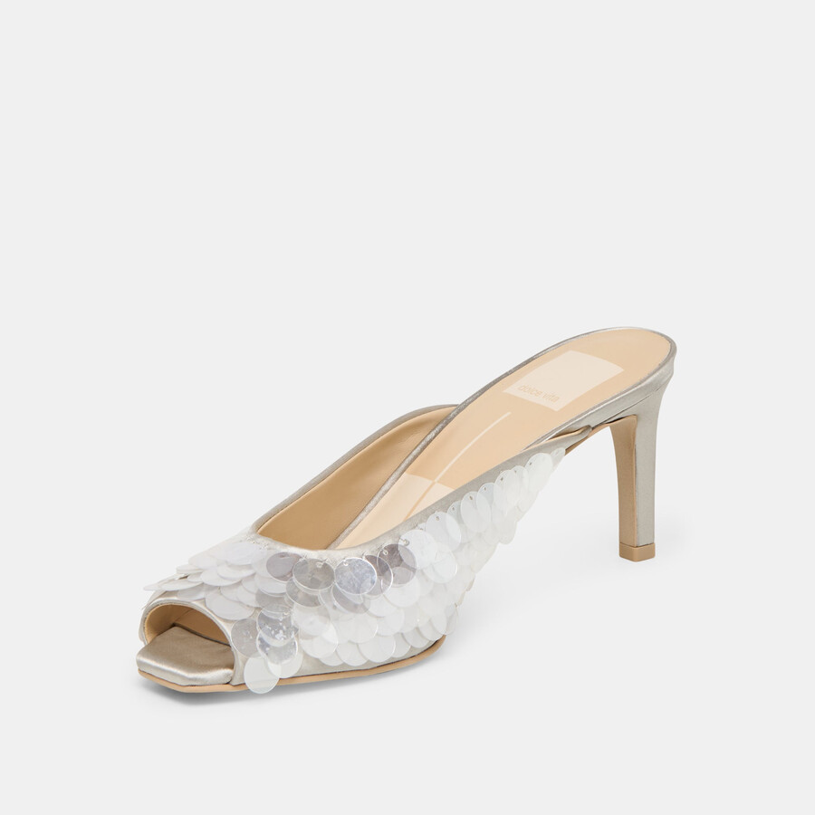 samary confetti heels silberner satin